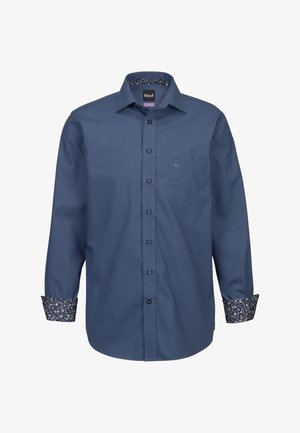 Camicia blu navy con bottoni, a maniche lunghe, con polsini decorati e tasca sul petto. Realizzata in tessuto liscio con un design classico del colletto.