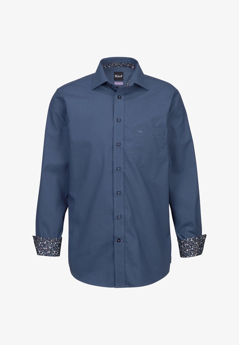 Camicia blu navy con bottoni, a maniche lunghe, con polsini decorati e tasca sul petto. Realizzata in tessuto liscio con un design classico del colletto.