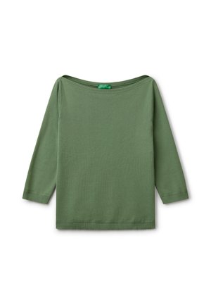 Haut vert à manches longues avec un large décolleté, bodice ajusté et ourlet côtelé. Fabriqué en tissu lisse avec une couleur unie et un minimum de détails.