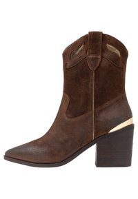 Hnědé semišové kovbojské boty s špičatou špičkou, zlatým akcentem na podpatku a dekorativními výřezy po stranách. Design se širokým podpatkem.