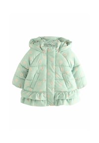 Helle grüne gepolsterte Jacke mit Kapuze, die florale Muster aufweist, zwei Vordertaschen hat und einen gerüschten Saum besitzt. Strukturiertes, isoliertes Material.