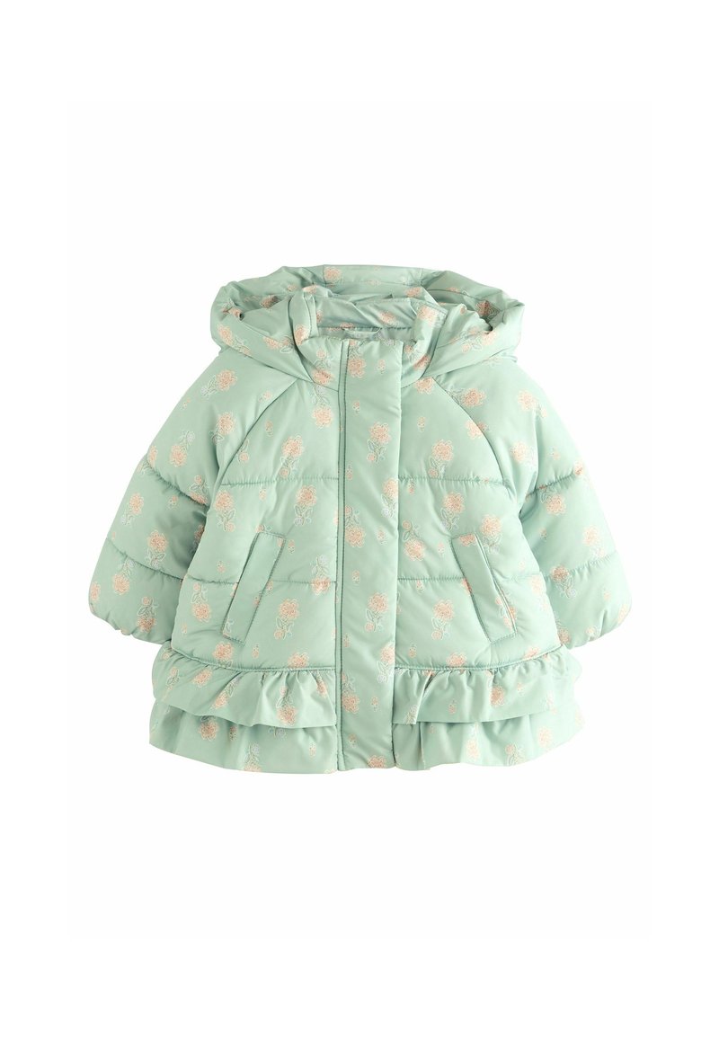 Helle grüne gepolsterte Jacke mit Kapuze, die florale Muster aufweist, zwei Vordertaschen hat und einen gerüschten Saum besitzt. Strukturiertes, isoliertes Material.
