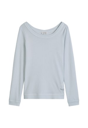 Lichtblauw shirt met lange mouwen en ronde hals, met een Marc O’Polo-label aan de onderkant links, afgebeeld tegen een witte achtergrond.