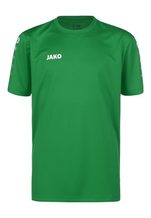 Grünes Kurzarm-Sportshirt aus glattem Stoff, mit Rundhalsausschnitt, bedrucktem Logo auf der Brust und gepunkteten Akzenten an den Ärmeln.