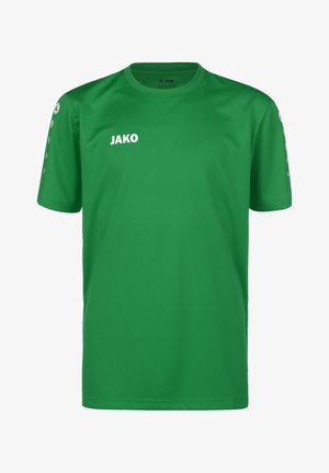 Grünes Kurzarm-Sportshirt aus glattem Stoff, mit Rundhalsausschnitt, bedrucktem Logo auf der Brust und gepunkteten Akzenten an den Ärmeln.