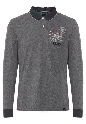 Long-sleeve polo shirt in dark gray fabric, featuring a contrasting collar, two buttons, and printed logo details on the chest.