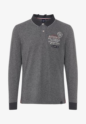 Long-sleeve polo shirt in dark gray fabric, featuring a contrasting collar, two buttons, and printed logo details on the chest.