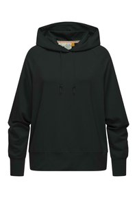 Black hooded sweatshirt in soft fabric, featuring a loose design, raglan sleeves, drawstring hood, and subtle logo detail on the chest.