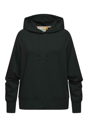 Black hooded sweatshirt in soft fabric, featuring a loose design, raglan sleeves, drawstring hood, and subtle logo detail on the chest.