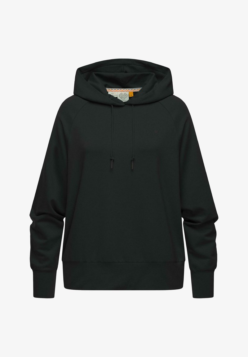 Črn kapućast pulover iz mehkega materiala, ki se ponaša z ohlapnim krojem, raglan rokavi, kapuco z vrvico in diskretno logotipno detajlacijo na prsih.