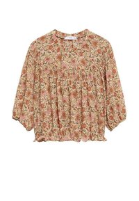 Beżowa bluzka w kwiaty z różowymi i pomarańczowymi motywami, z marszczonymi detalami materiału, długimi bufkami i okrągłym dekoltem z delikatnymi falbankami.