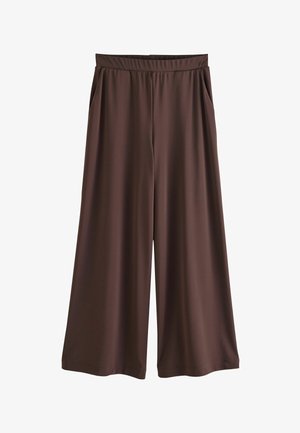 Brown wide-leg pants with an elastic waistband and side pockets, displayed flat against a white background.
