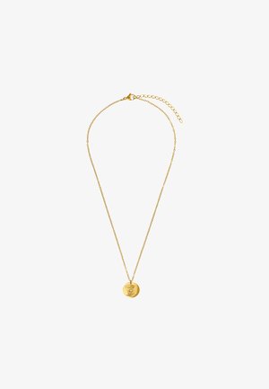 Goudkleurige halsketting met een fijne ketting en een ronde hanger met een gegraveerd ontwerp. Verstelbare lengte met een sluiting.