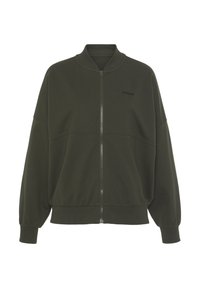 Dark green zip-up sweatshirt with a ribbed collar and cuffs. Features a stitched design and the brand name "FCUK" in black on the chest.