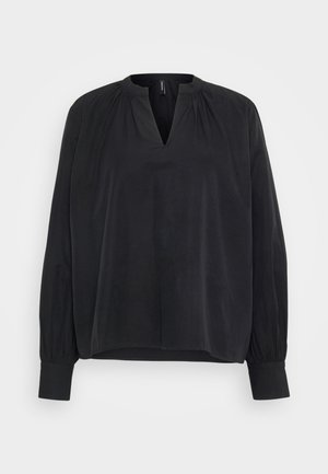 Black long-sleeve blouse with a V-neck, gathered detailing at the shoulders, and fitted cuffs. Soft fabric with a smooth texture.