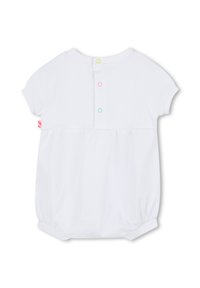 Witte body met korte mouwen en een peplum taille, met drie kleurrijke drukknoopjes op de achterkant en elastische beenopeningen.