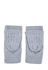 Grijze handwarmers gebreid in een kabelpatroon, met een omvouwbare bovenkant en een decoratieve paarse knop op elke handwarmer. Zacht gestructureerde stof.