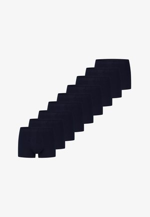 Zehn Paar dunkelblaue Boxershorts aus weichem Stoff, mit elastischem Bund und enger Passform. Ohne Muster oder Verzierungen.