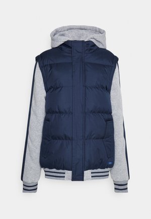 Navy puffer vest with gray sleeves, featuring a hood, front zip closure, and striped ribbed cuffs and hem. Smooth fabric with quilted design.