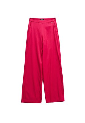 Pantalones anchos de pierna en rosa brillante con bolsillos laterales y una cintura lisa, hechos de tela ligera.