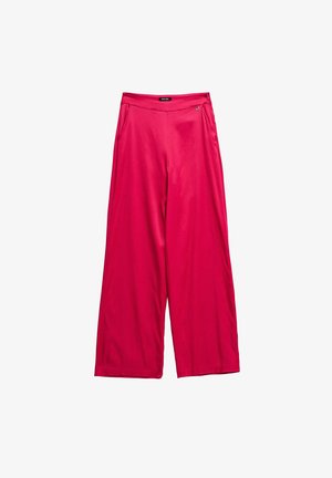 Pantalones anchos de pierna en rosa brillante con bolsillos laterales y una cintura lisa, hechos de tela ligera.