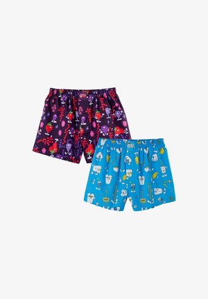 Zwei Paar Jungen-Boxershorts; eines in Dunkellila mit Fruchtmustern, das andere in leuchtendem Blau mit verspielten Lebensmittelgrafiken. Elastische Bundbänder.