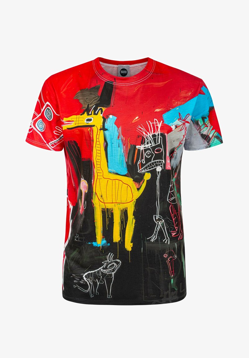 Kurzärmliges T-Shirt in rot, schwarz und gelb, mit abstrakten Tierdesigns, Farbspritzern und Pinselstrichtexturen. Aus Baumwolle.