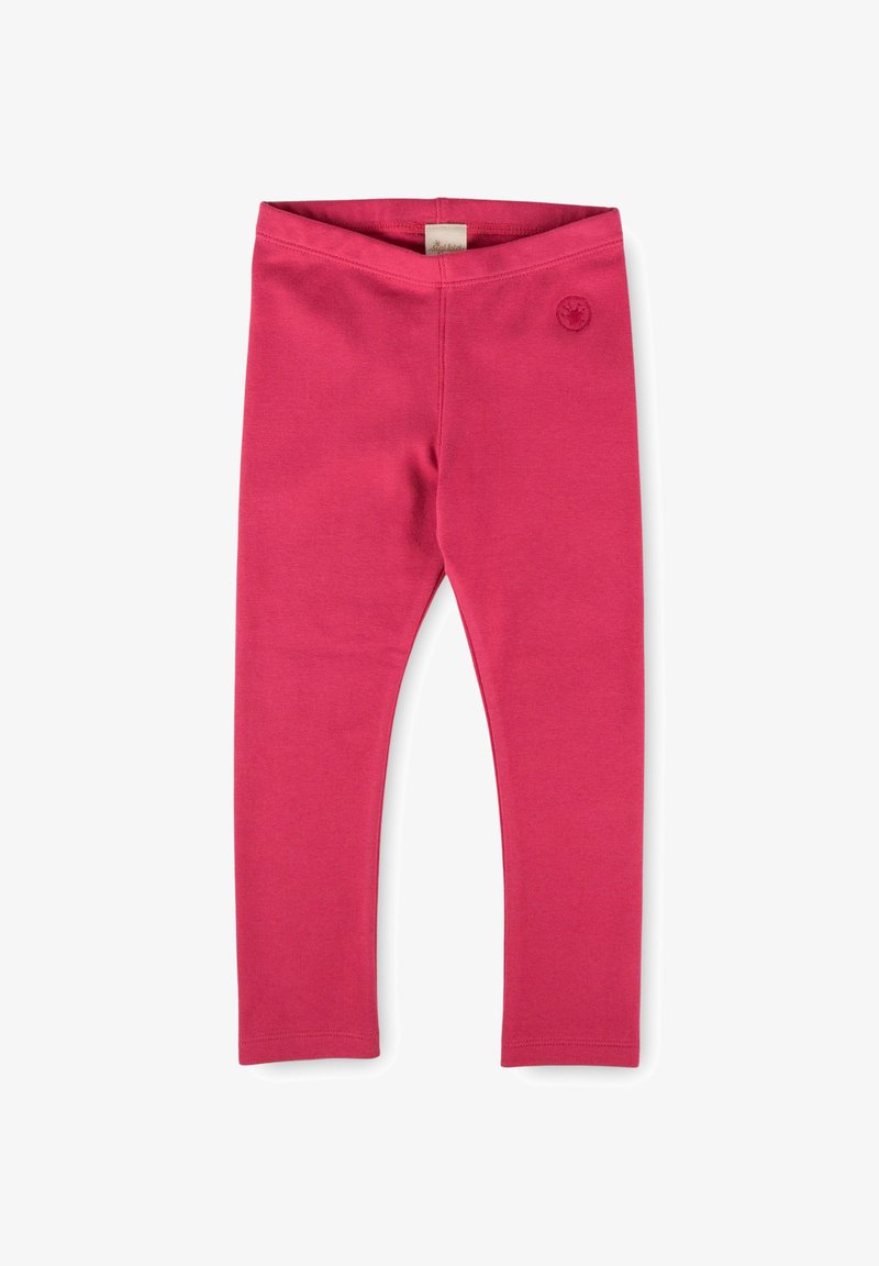 Leggings in cotone rosa con un design aderente, elastico in vita e un piccolo logo ricamato sul lato sinistro. Texture liscia.