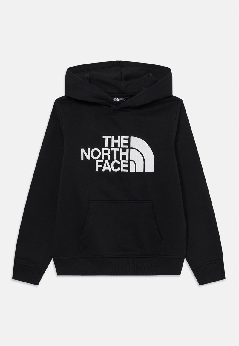 Hoodie preto feito de mistura de algodão com um bolso frontal, punhos canelados e uma impressão gráfica de "THE NORTH FACE" com um logótipo curvado.