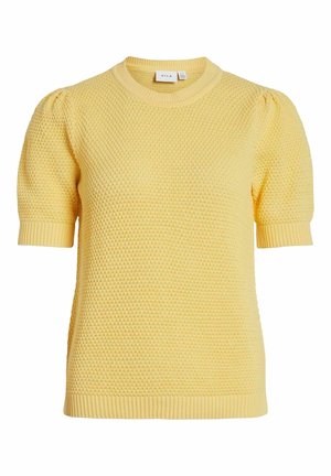 Żółty sweter z krótkim rękawem z dzianiny z fakturowanym wzorem, okrągłym dekoltem i lekko bufkowatymi rękawami.