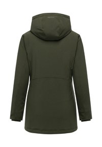Ciemnozielona, długorękawowa kurtka z kapturem, prostym kroju i subtelnymi szwami na plecach.