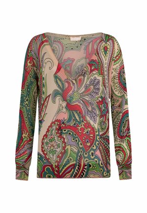 Haut à manches longues en tissu léger, présentant un motif paisley coloré avec des accents rouges, verts et violets. Design en V.