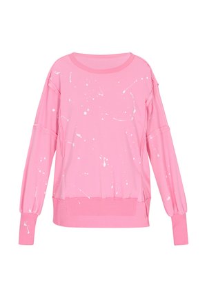 Sudadera rosa con mangas largas y abullonadas, escote redondo y puños elásticos. Presenta patrones salpicados en blanco sobre una tela suave.
