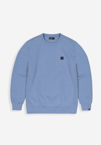 Lichtblauwe sweatshirt van zachte stof, met een ronde hals, lange mouwen en een klein zwart logo op de borst.