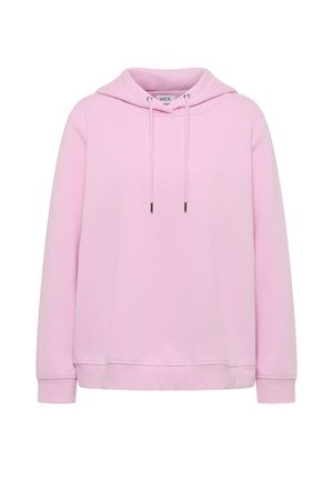 Lichtroze hoodie gemaakt van zachte stof, met een trekkoord bij de hals en ribgebreide manchetten en onderkant. Eenvoudig ontwerp, geen patronen.