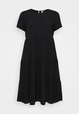 Black short-sleeve dress with a round neckline, tiered design, and a relaxed fit, featuring a back keyhole opening and soft fabric texture.