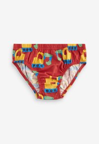Caleçons de bain rouges ornés d'imprimés colorés d'excavatrices et de véhicules en jaune, bleu et vert. Taille élastique et matière en coton doux.