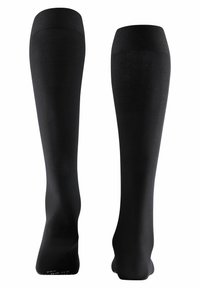 Schwarze, knielange Socken aus glattem Stoff mit einem gerippten oberen Bund. Verfügt über eine verstärkte Zehenpartie und ein nahtloses Design für zusätzlichen Komfort.