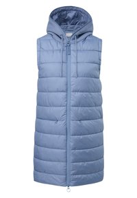 Blauer ärmelloser Steppwesten mit Kapuze, bedruckt mit Steppnähten, einem durchgehenden Reißverschluss vorne und Kordelzugverstellungen am Hals.