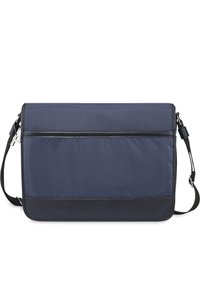 Borsa per laptop blu navy con una parte anteriore in nylon liscio, Accenti in pelle nera, tracolla regolabile e una tasca con zip sulla parte anteriore per riporre oggetti.
