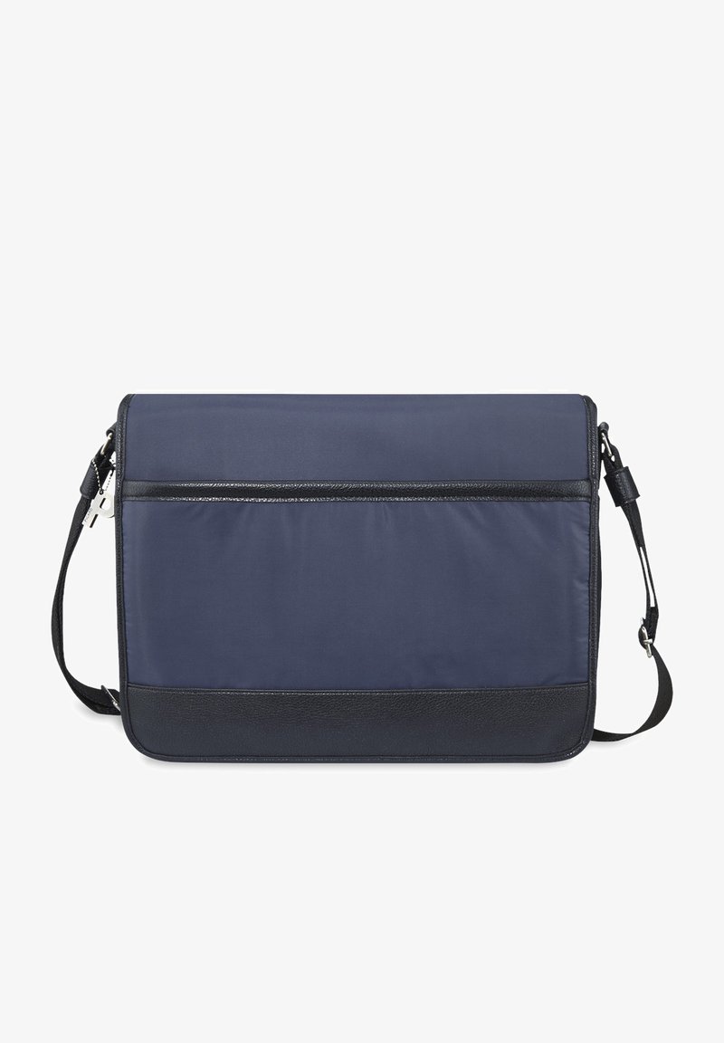 Borsa per laptop blu navy con una parte anteriore in nylon liscio, Accenti in pelle nera, tracolla regolabile e una tasca con zip sulla parte anteriore per riporre oggetti.
