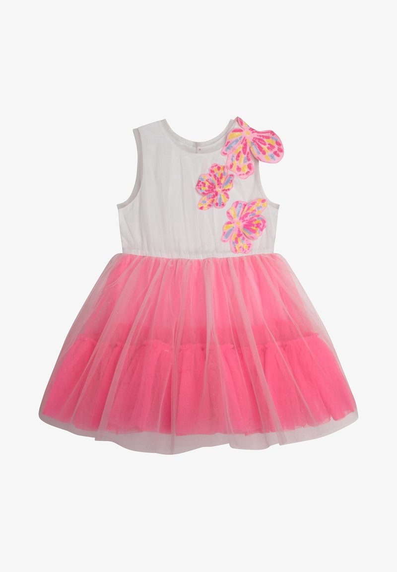 Bílé šaty bez rukávů s růžovou tylovou sukni. Vyznačují se pestrými květinovými aplikacemi na jednom rameni. Měkká látka, vrstvený design a živé barvy.