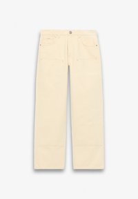 Μπεζ παντελόνια φαρδιάς γραμμής με τσέπες μπροστά και πίσω, θηλιές για ζώνη και κούμπωμα με κουμπί και φερμουάρ, απλωμένα επίπεδα σε λευκό φόντο.