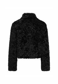 Sort cropped jakke lavet af blødt, fuzzy materiale med høj krave og lange ærmer. Tekstureret overflade uden synlige lukninger.