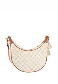 Borsa in pelle bianca con design curvo, motivo beige, dettagli marroni e nappine sulla tracolla. Loghi mostrati in modo discreto.