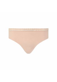 Culotte beige pour femmes de style bikini avec une bordure délicate en dentelle le long de la ceinture, fabriquée en tissu lisse.