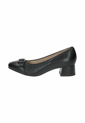 Black leather pump with a pointed toe, small block heel, and a decorative buckle on the vamp. Smooth texture with subtle stitching details.
