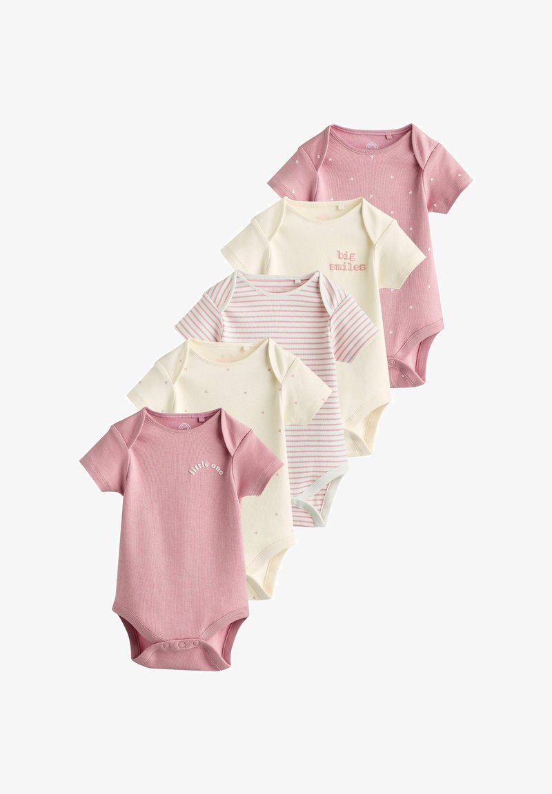 Ensemble de cinq bodies à manches courtes, présentant des couleurs rose et crème, en matériau en coton doux, avec des pois, des rayures et du texte brodé.