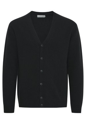Cardigan noir en tissu doux, avec un col en V, des manches longues et six boutons sur le devant. Ourlets et poignets côtelés.