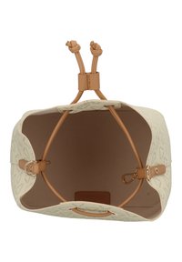 Beige veske med teksturert ytre, lærdetaljer og snorlukking. Innvendig har den lys stofffôring og ingen rom.